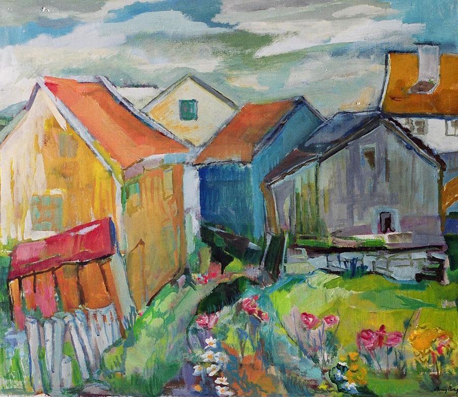 ©1982, Amy Berg, Old Houses, Sunnmøre, Norway. Oil on canvas, 19 5/8 x 22 7/8 in. (50 x 58 cm).