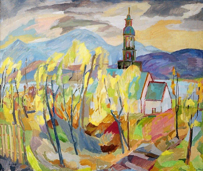 ©1962, Amy Berg, Borgund Church in Fall, Norway. Oil on canvas, 28 1/4 x 36 1/4 in. (72 x 92 cm).