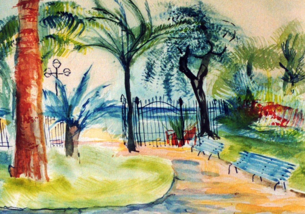 ©1989, Amy Berg, Park, Nice, France. Watercolour, 10 5/8 x 14 1/8 in (27 x 36 cm).